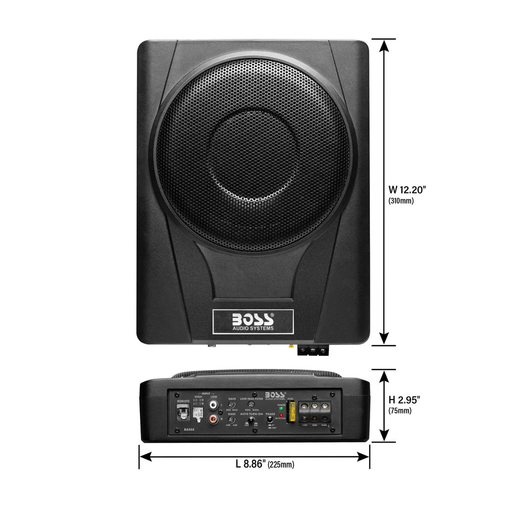 BOSS 8 inch Powered Under Seat Car Subwoofer – 800 Watts Max, Single 4 Ohm Voice Coil.