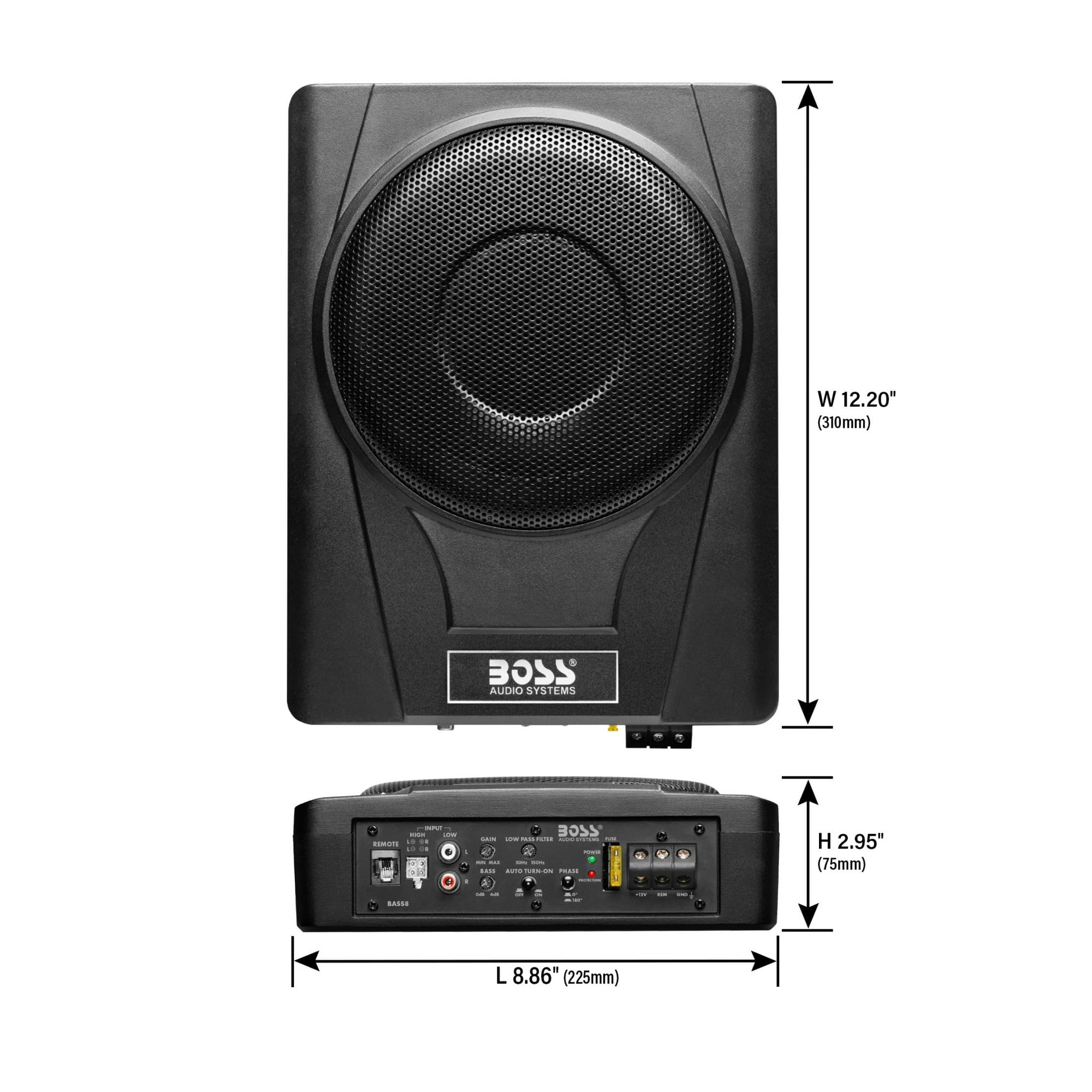 BOSS 8 inch Powered Under Seat Car Subwoofer – 800 Watts Max, Single 4 Ohm Voice Coil.