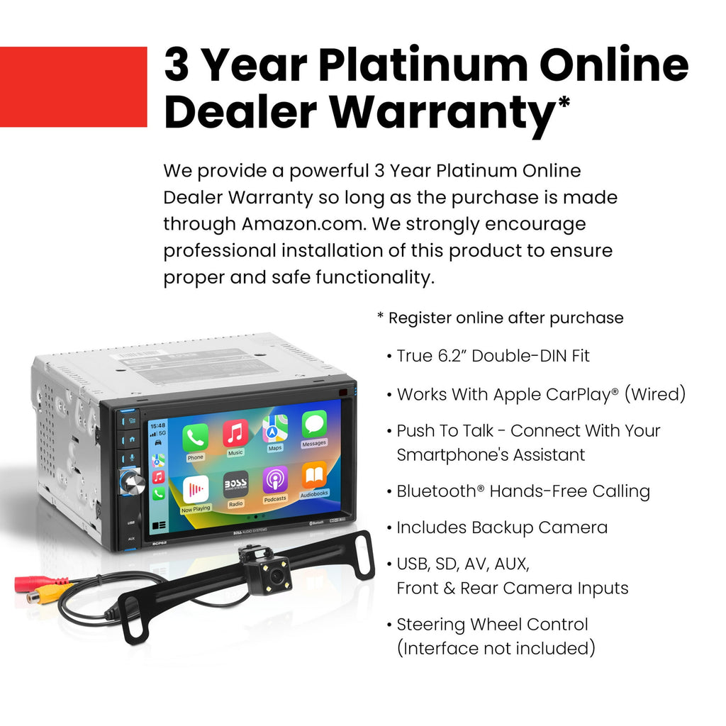 BOSS Car Multimedia Double DIN Car Stereo Apple Carplay, 6.2" Touchscreen Bluetooth Radio.