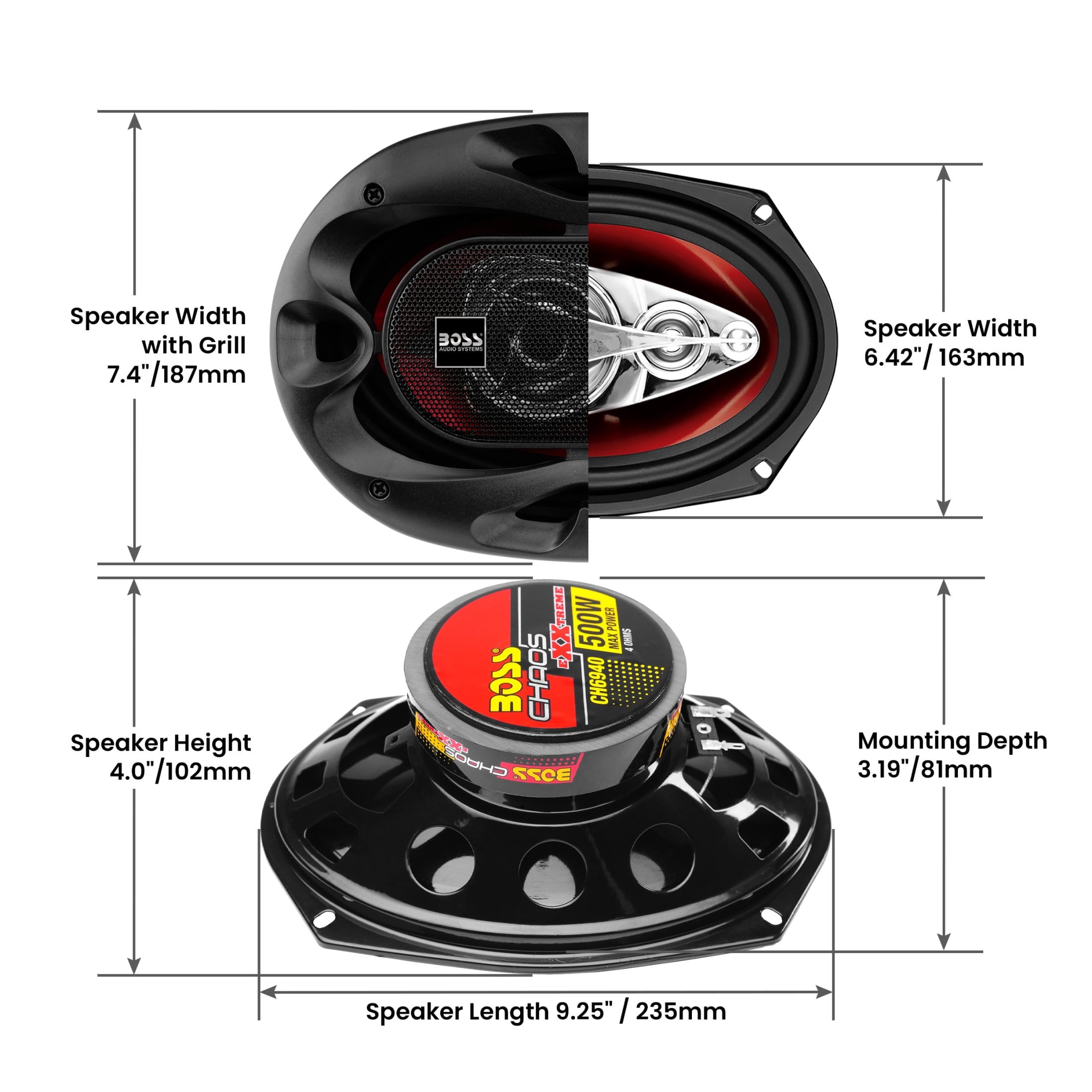 BOSS Audio 6” x 9” Car Speakers, 500 Watts, Full Range, 4 Way Pair.