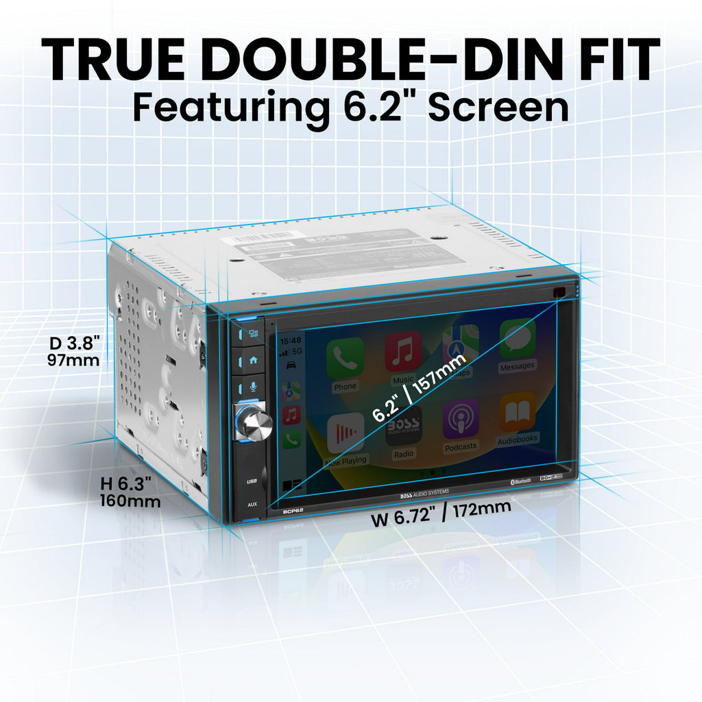 BOSS Car Multimedia Double DIN Car Stereo Apple Carplay, 6.2" Touchscreen Bluetooth Radio.