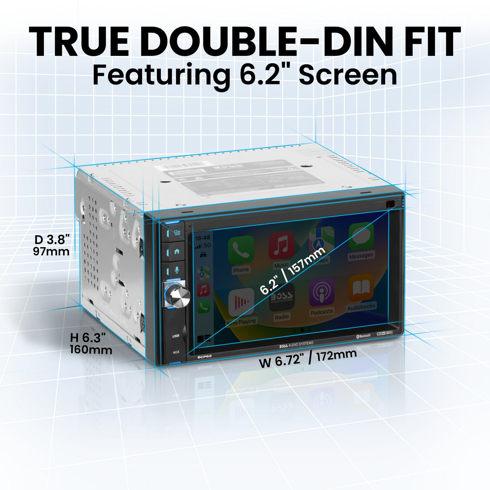 BOSS Car Multimedia Double DIN Car Stereo Apple Carplay, 6.2" Touchscreen Bluetooth Radio.