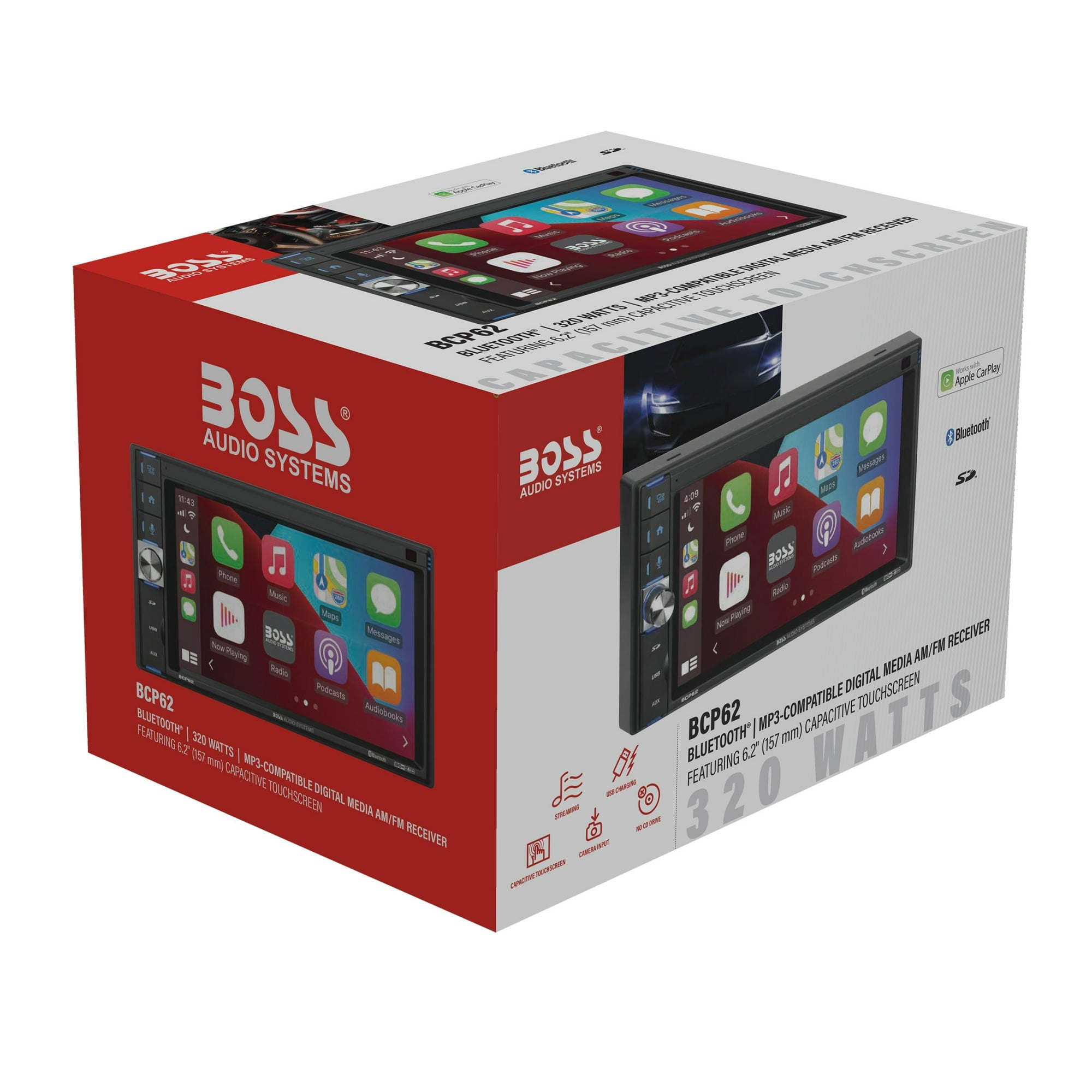 BOSS Double DIN Car Stereo Apple Carplay, 6.2" Touchscreen Bluetooth Radio