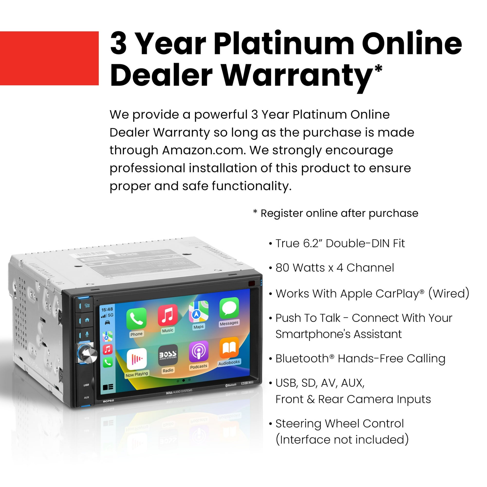 BOSS Double DIN Car Stereo Apple Carplay, 6.2" Touchscreen Bluetooth Radio