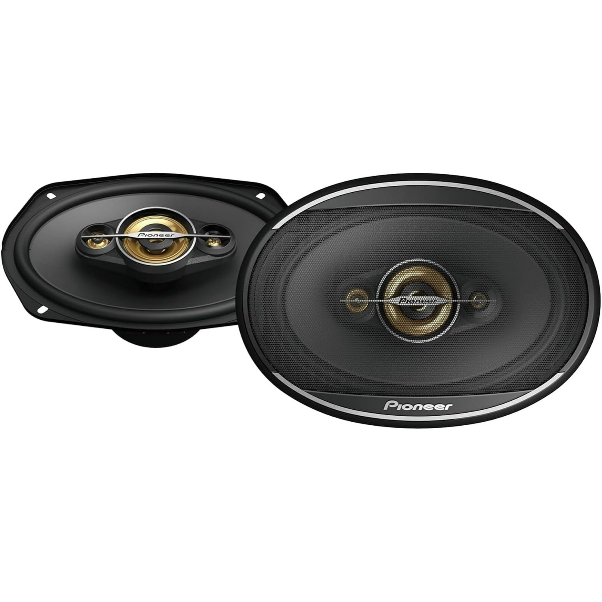 (Pack of 2) Pionner 4-Way Coaxial Car Audio Speakers, Full Range, Clear Sound Quality, Easy Installation and Enhanced Bass Response, Black and Gold Colored 6 x 9 Oval Speakers